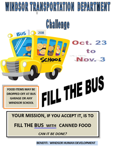 Fill the Bus poster with animated bus and dates and details of food delivery