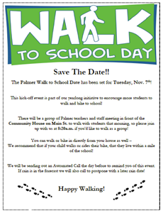 Walk to school flyer with green banner with "walk to school" logo