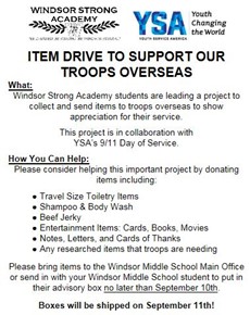 Care package flier with list of requested donation items