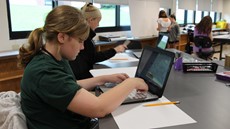 Girl sitting at a desk working on a laptop computer