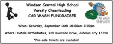 Flier for cheer fundraiser with silouhette of girl cheering and animated image of hose and bucket