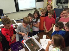 4th grade students standing around a desk with a box full of dirt on it