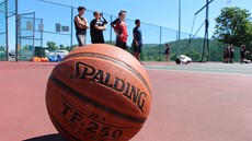 Closeup of basketball on basketball court