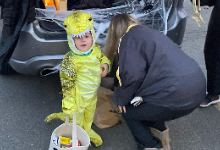 Young boy in a dinosaur costume