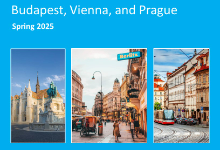 Pictures of Budapest, Vienna, and Prague on a flyer