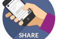 Animation of a hand holding a phone with the word "share" below