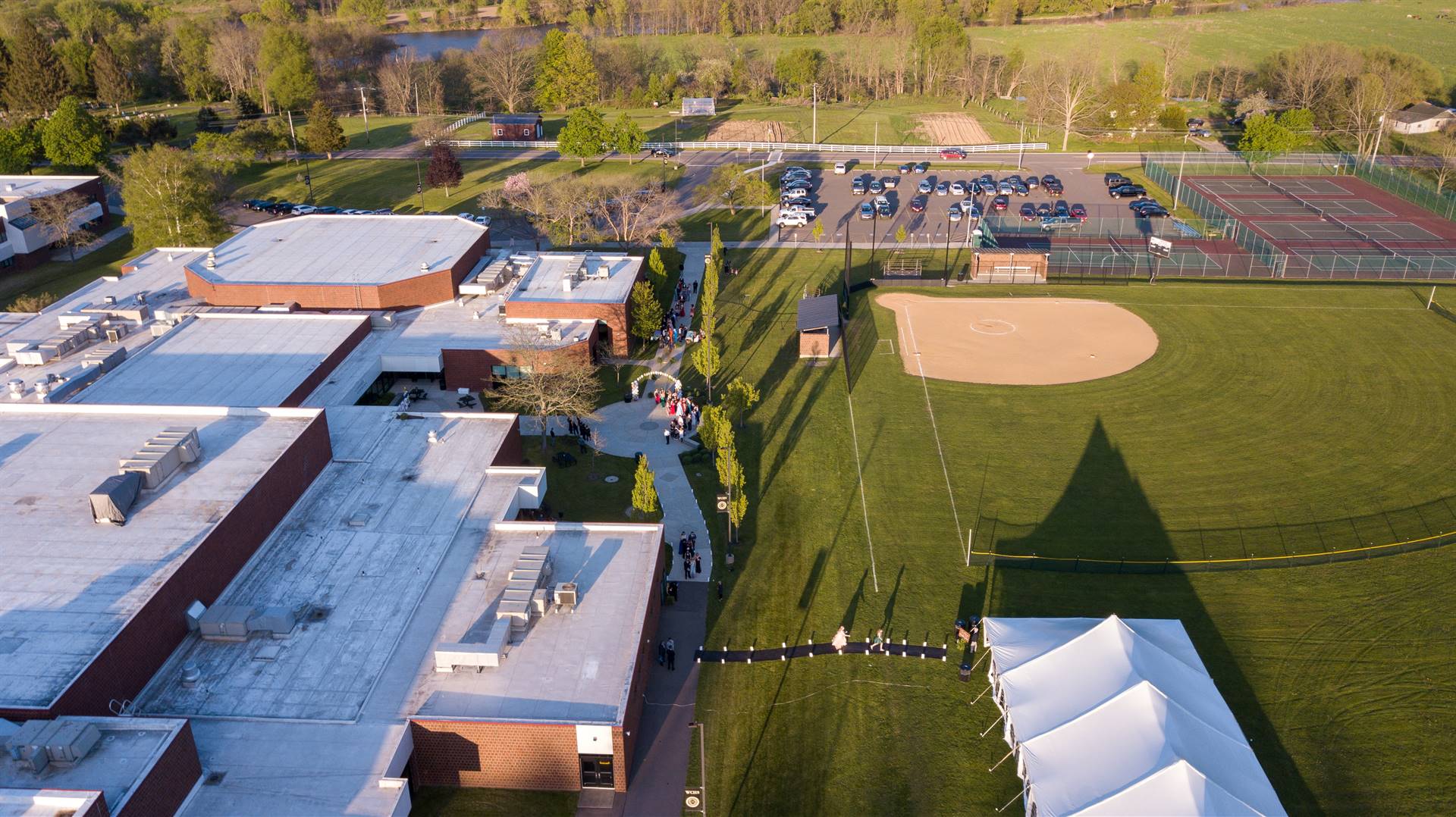 Arial view of high school and softball field
