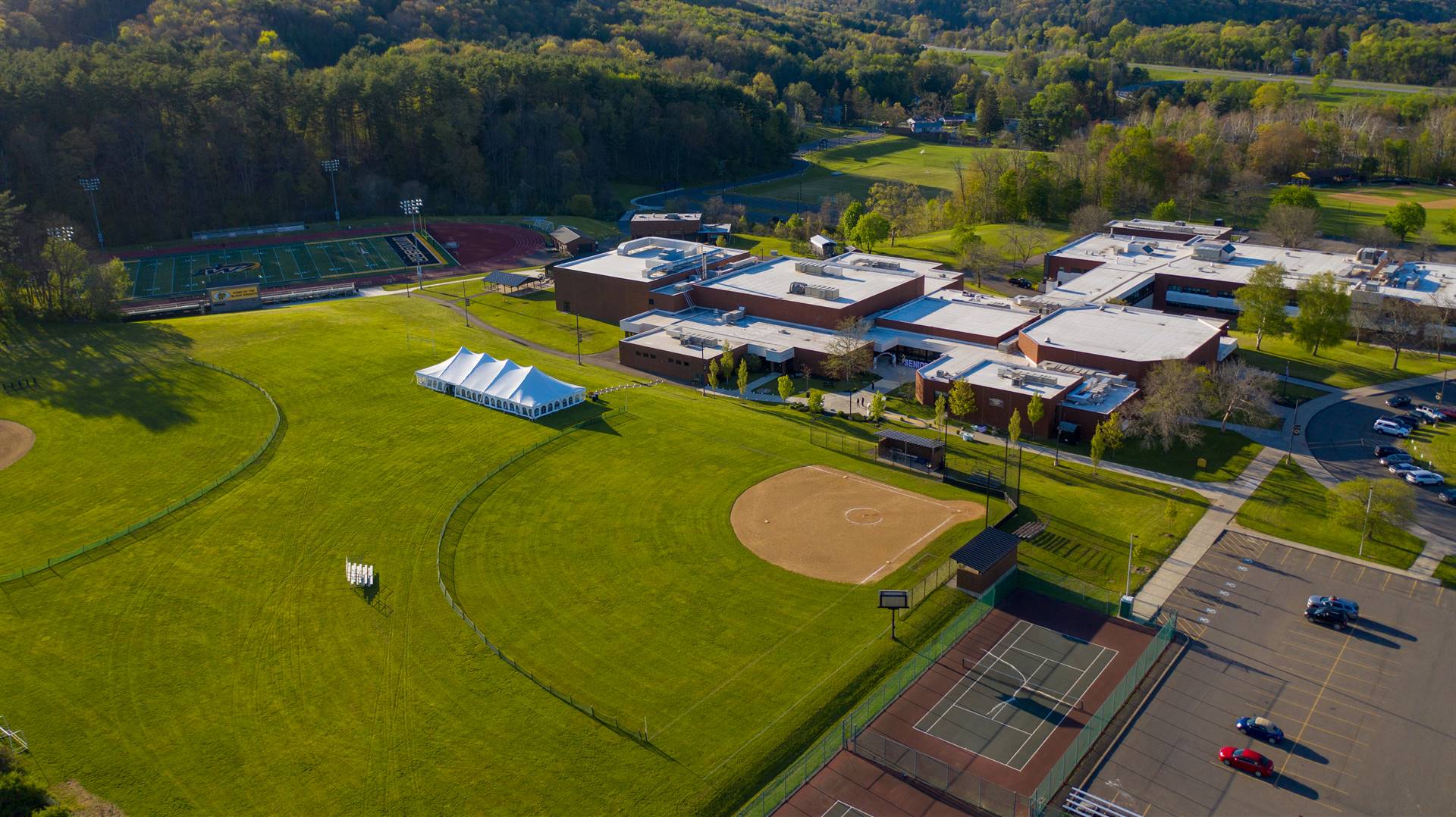 Arial view of high school and softball field