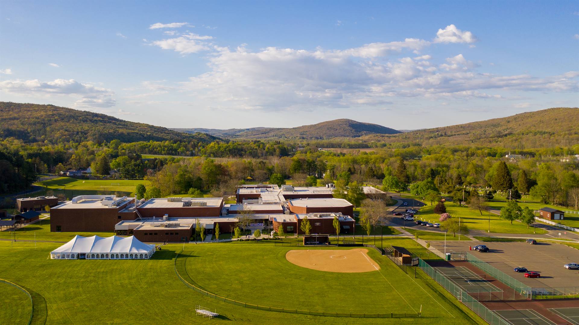 Arial view of high school and softball field