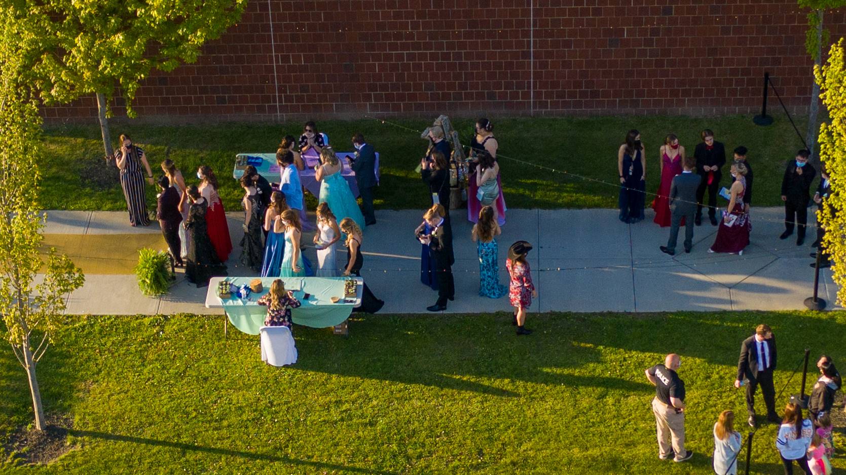 Arial view of high school with students walking