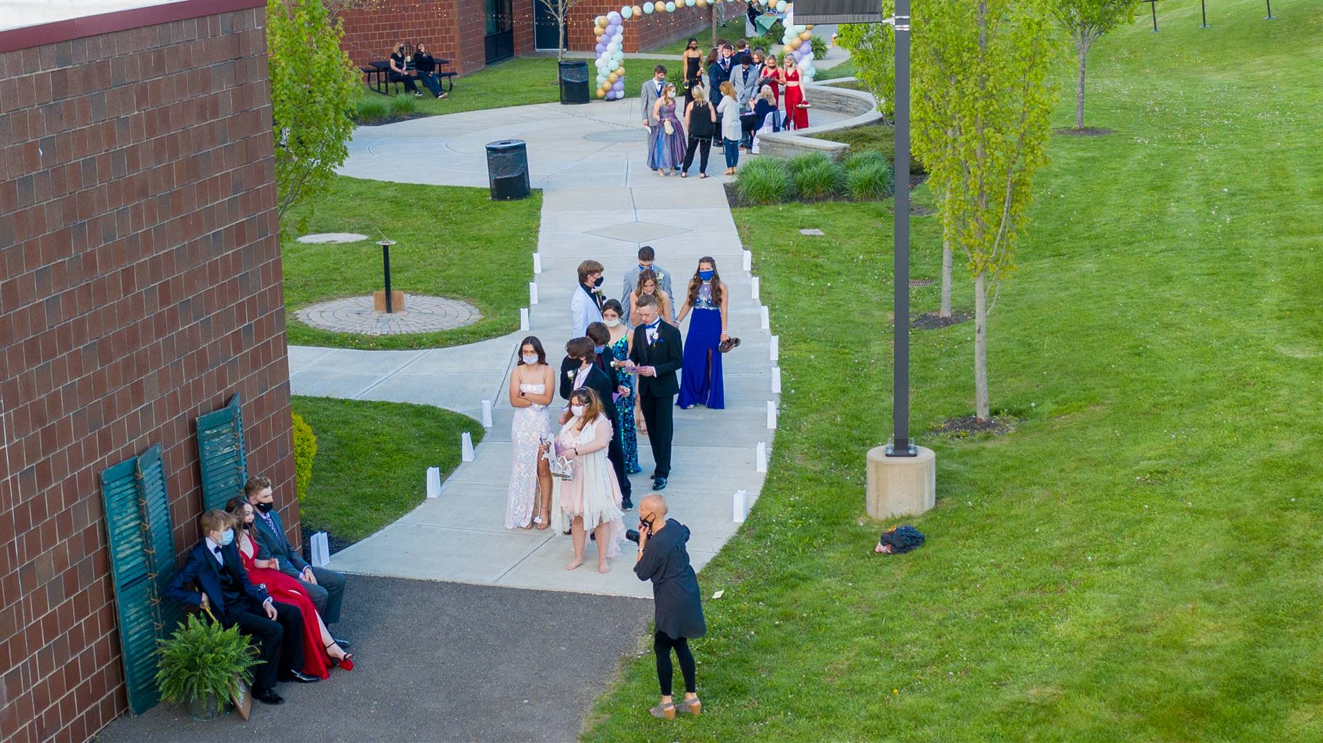 Arial view of high school with students walking