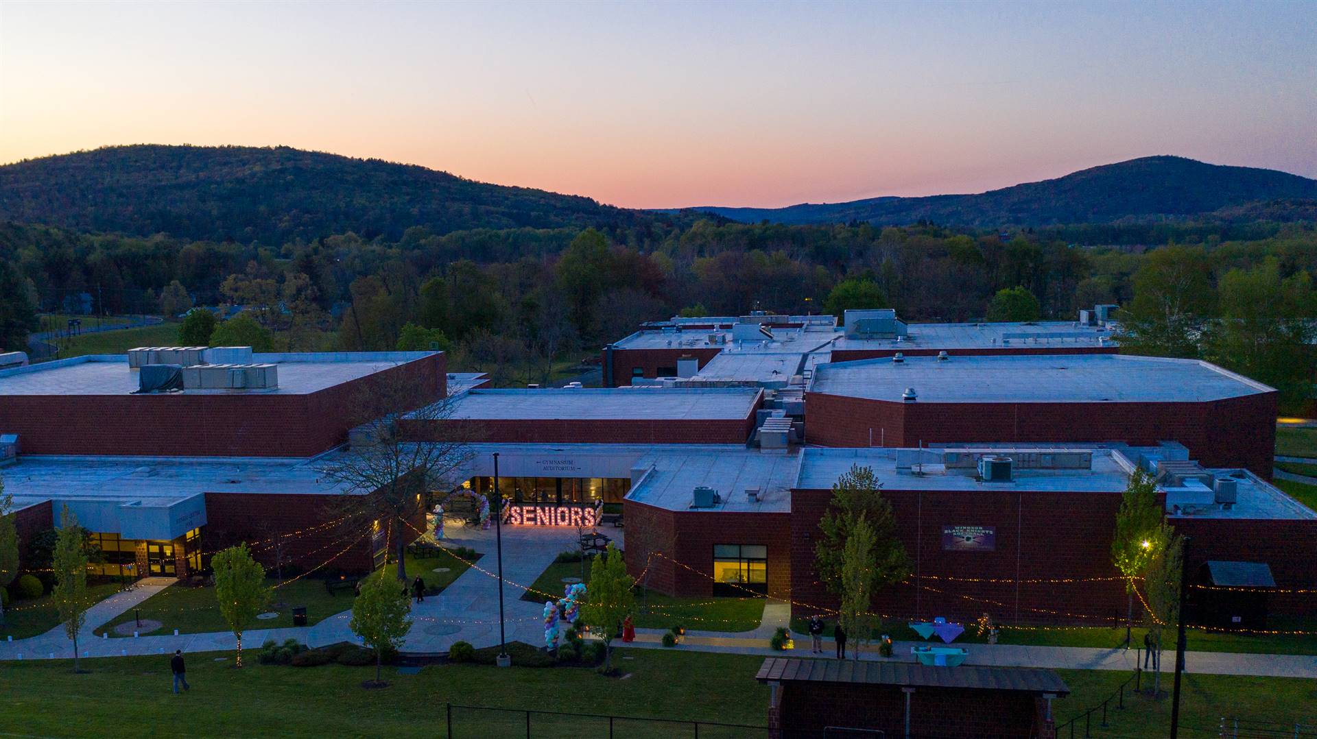 Arial view of WCHS building at sunset