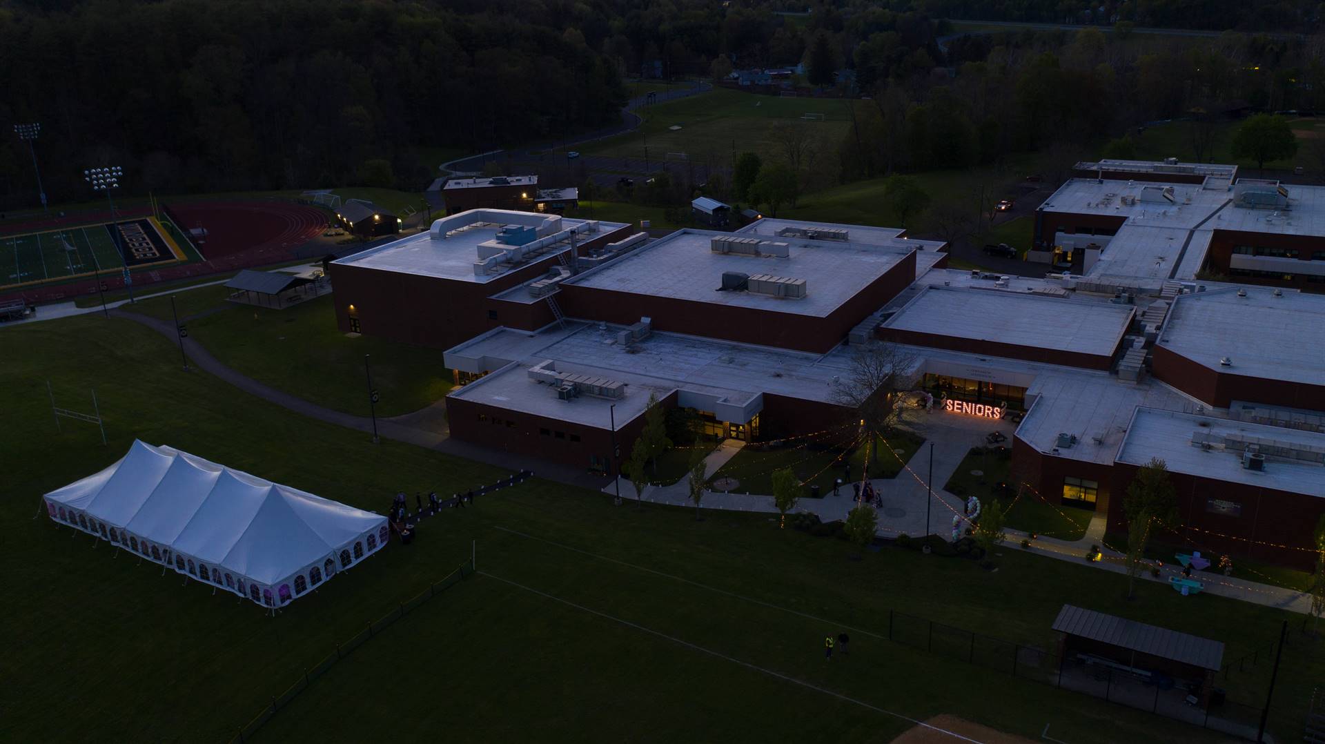 Arial view of WCHS building at dusk