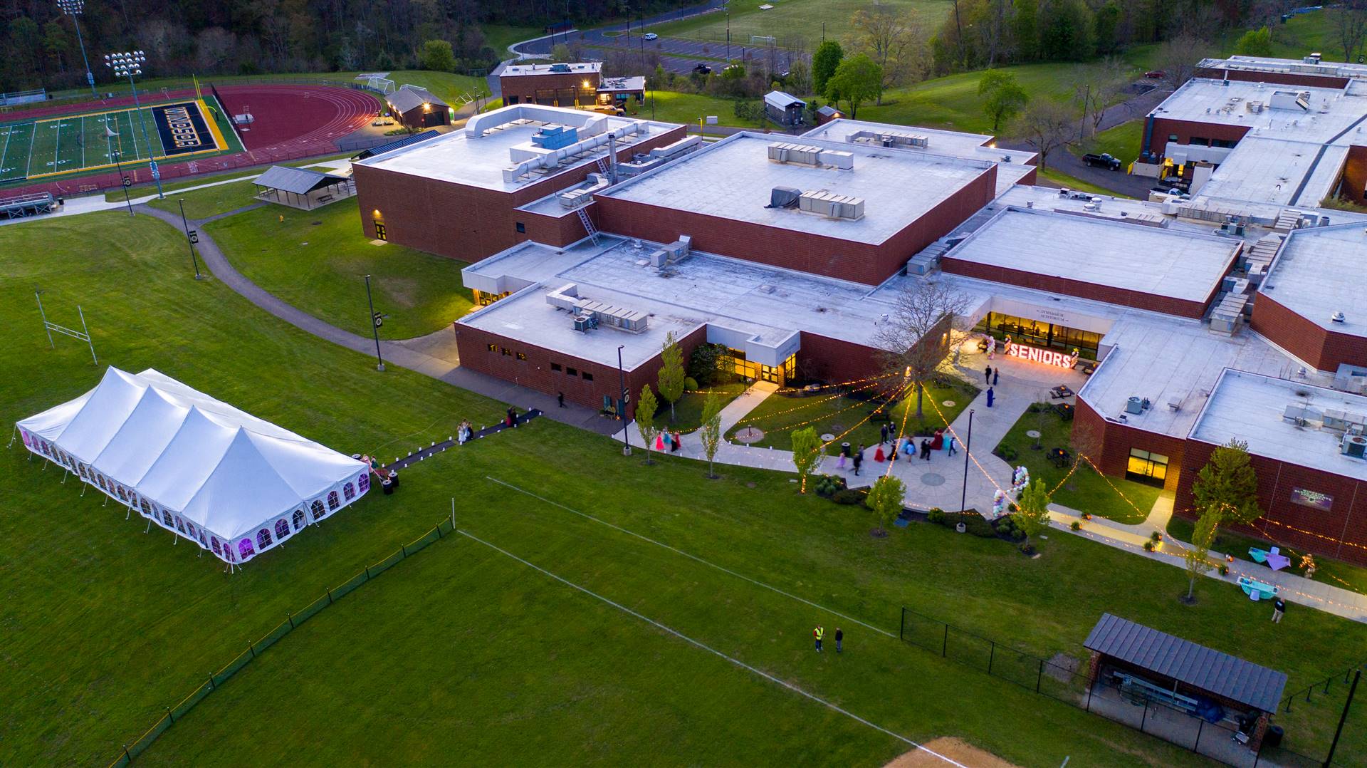 Arial view of WCHS building and tent on field