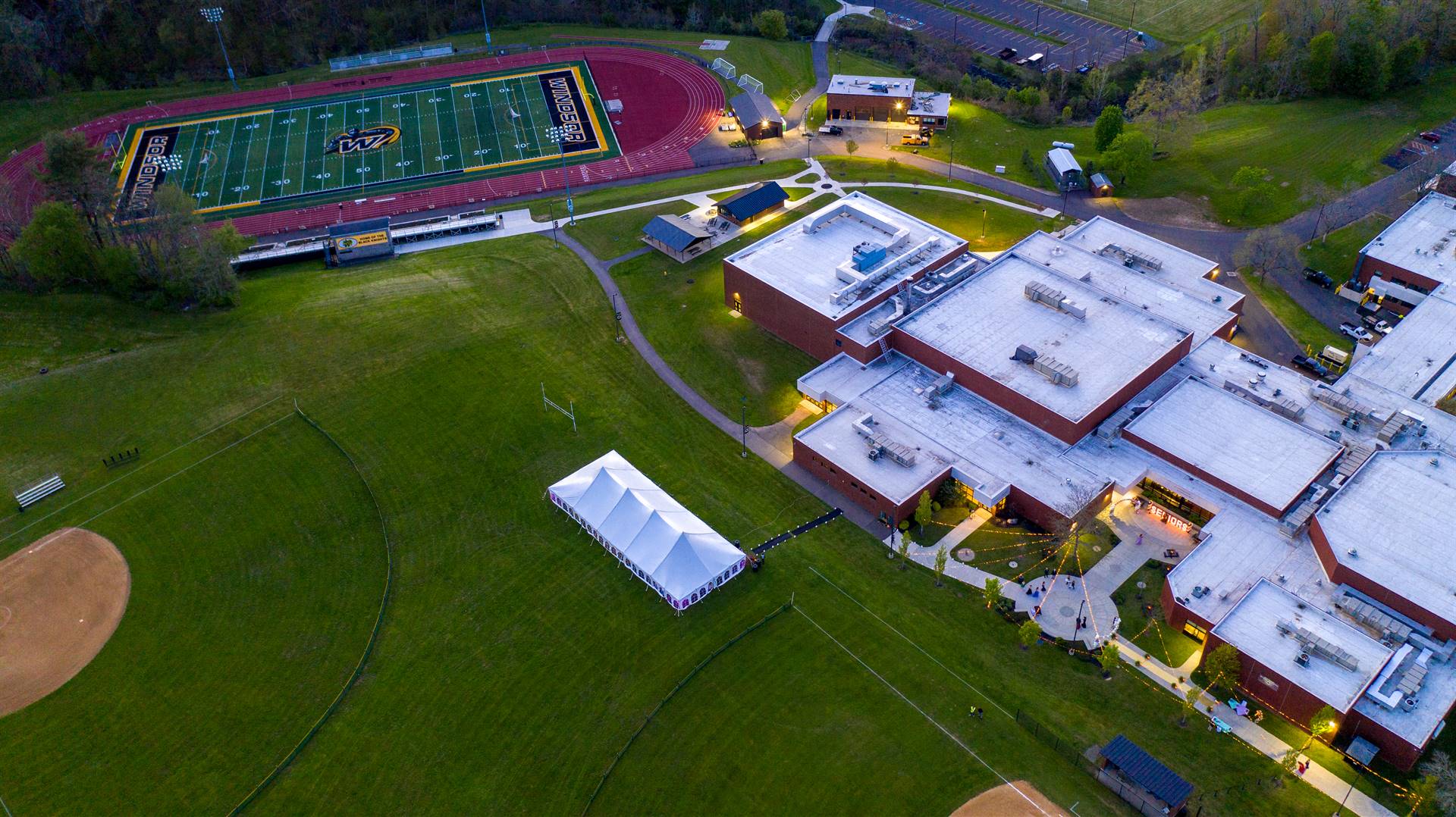 Arial view of WCHS building and tent on field