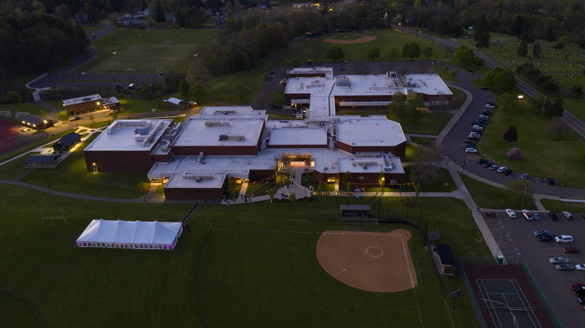 Arial view of WCHS building and tent on field