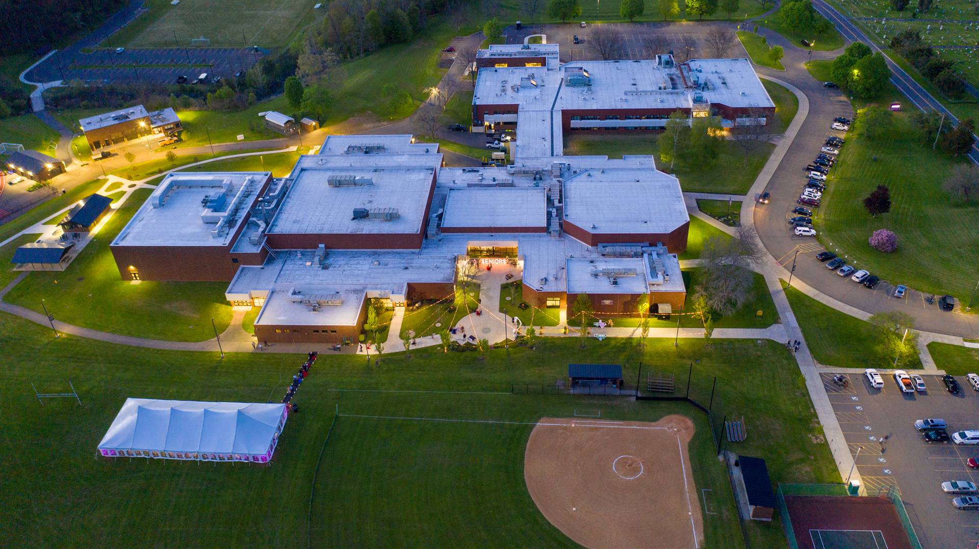 Arial view of WCHS building and tent on field