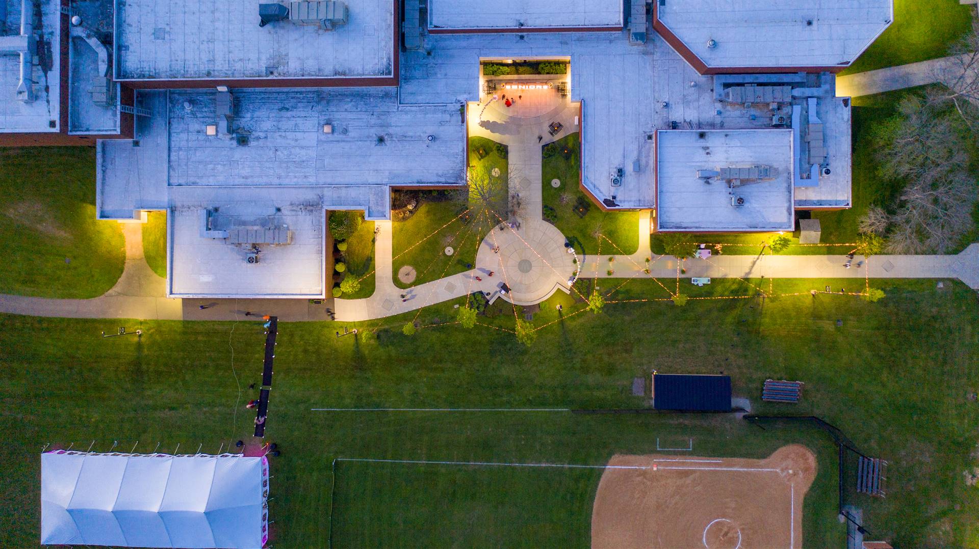 Bird's eye view of WCHS building and tent on field