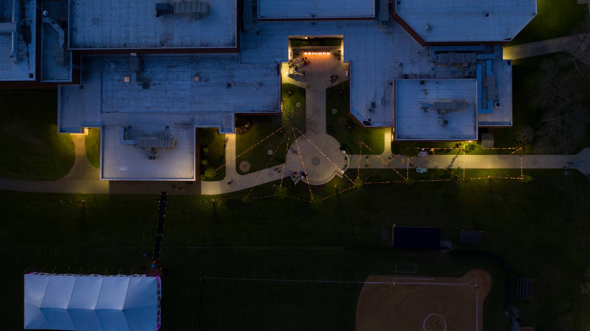 Bird's eye view of WCHS building and tent on field