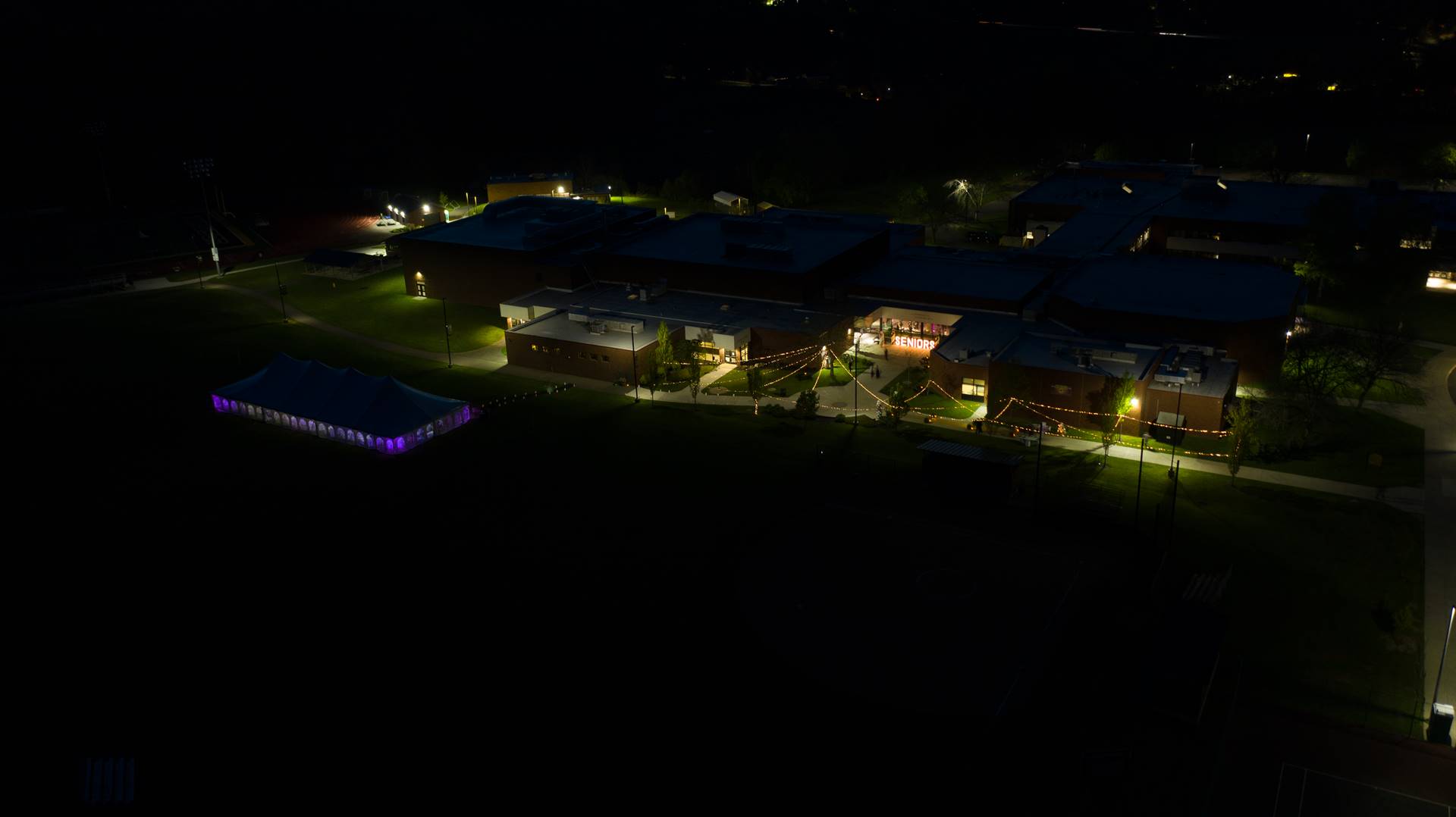 Arial view of WCHS campus at night