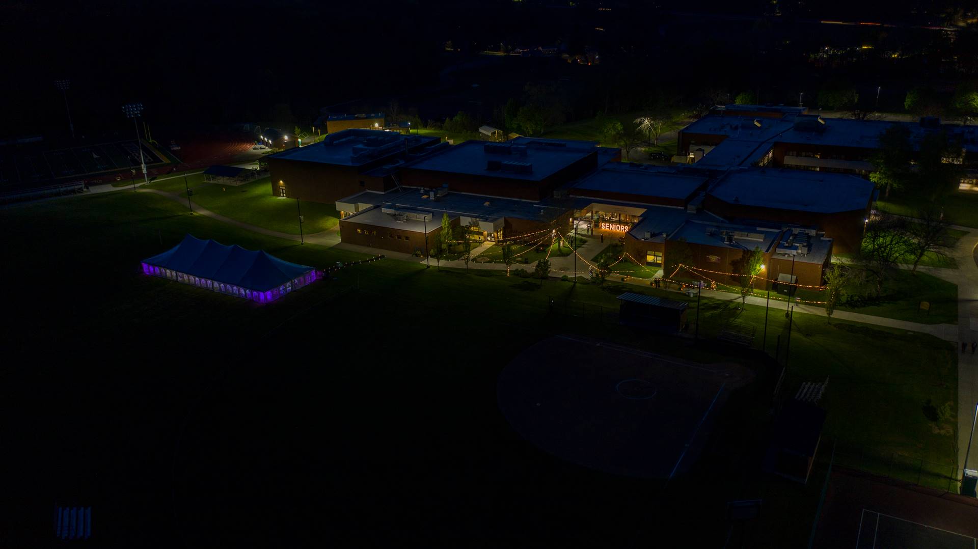Arial view of WCHS campus at night